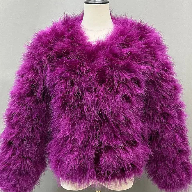 Women's Purple Ostrich Fur Feather Short Furry Fluffy Plus Size Puffy Turkey Fur Party Long Sleeve Winter Coat Outerwear  -  GeraldBlack.com