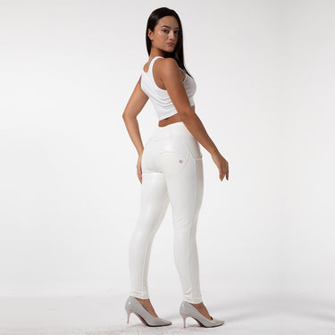 Women's Scrunch Bum Push Up Synthetic Leather Stretchy High Waisted Yoga White Sports Pants Leggings  -  GeraldBlack.com