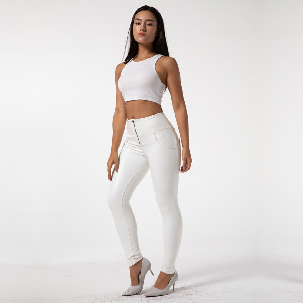 Women's Scrunch Bum Push Up Synthetic Leather Stretchy High Waisted Yoga White Sports Pants Leggings  -  GeraldBlack.com