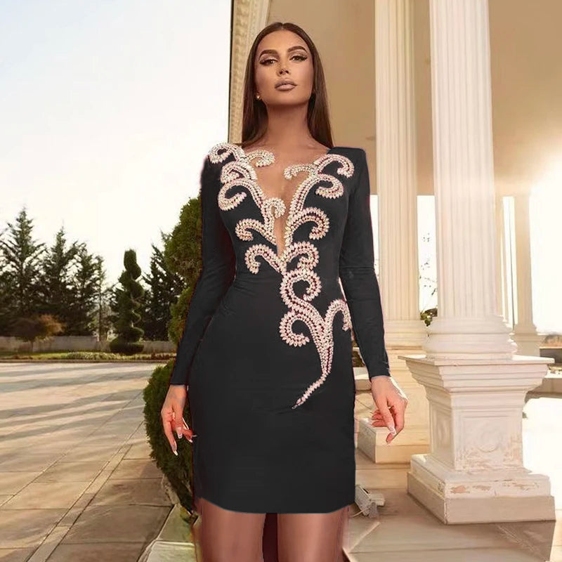 Women's Sexy Spring Summer Black Red Long sleeved Sexy Diamond Bandage Celebrity Club Party Evening Dress  -  GeraldBlack.com