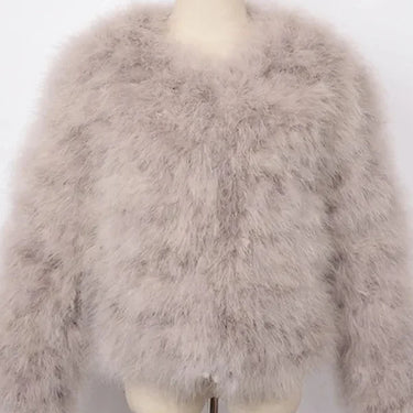 Women's Silver Gray Ostrich Fur Feather Short Furry Fluffy Plus Size Puffy Turkey Fur Party Long Sleeve Winter Coat Outerwear  -  GeraldBlack.com