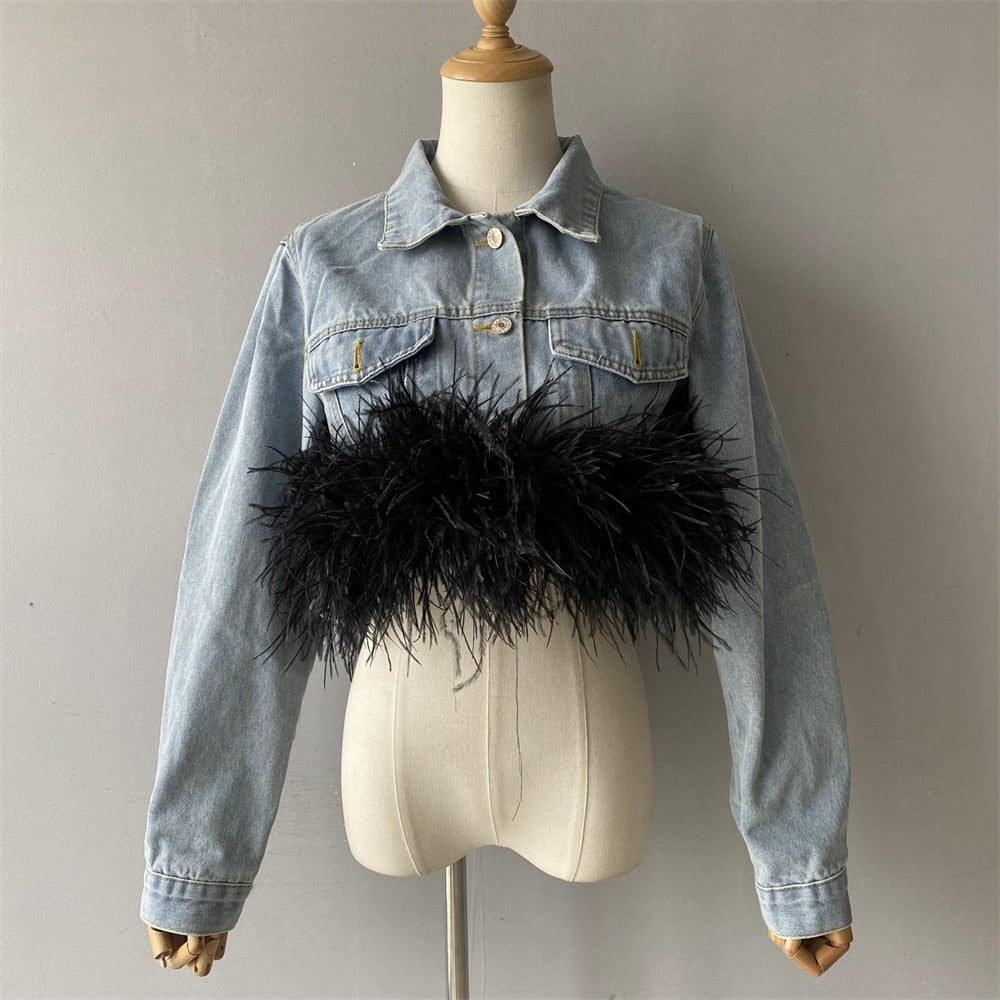 Women's Spring Autumn Light Blue Full Sleeve Denim Jacket With Ostrich Feather Outerwear  -  GeraldBlack.com