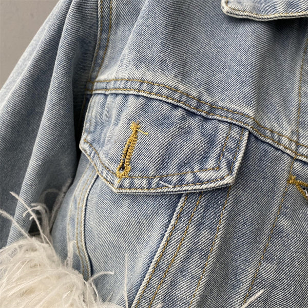Women's Spring Autumn Light Blue Full Sleeve Denim Jacket With Ostrich Feather Outerwear  -  GeraldBlack.com