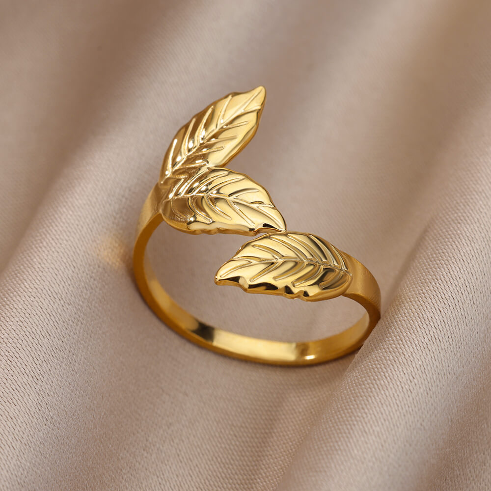 Women's Stainless Steel Gold Color Leaf Design Engagement Wedding Party Finger Ring Jewelry Gift  -  GeraldBlack.com