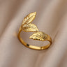 Women's Stainless Steel Gold Color Leaf Design Engagement Wedding Party Finger Ring Jewelry Gift  -  GeraldBlack.com
