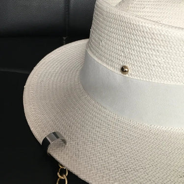 Women's summer hat with chain and pin white straw fedora cap  -  GeraldBlack.com