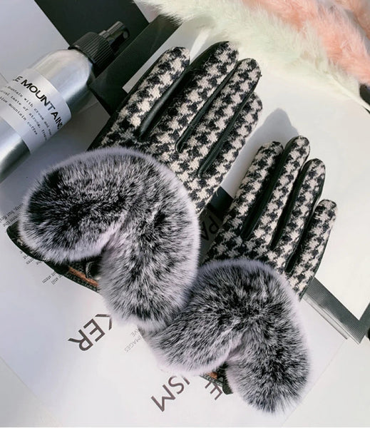 Women's Warm Sheepskin Leather Fur Winter Houndstooth Rex Rabbit Fur Plus Velvet Thick Gloves  -  GeraldBlack.com