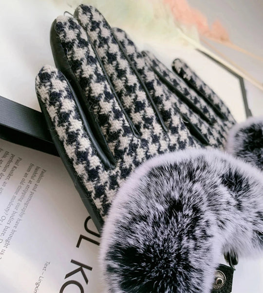 Women's Warm Sheepskin Leather Fur Winter Houndstooth Rex Rabbit Fur Plus Velvet Thick Gloves  -  GeraldBlack.com