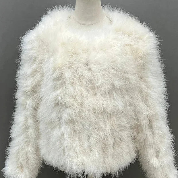 Women's White Ostrich Fur Feather Short Furry Fluffy Plus Size Puffy Turkey Fur Party Long Sleeve Winter Coat Outerwear  -  GeraldBlack.com