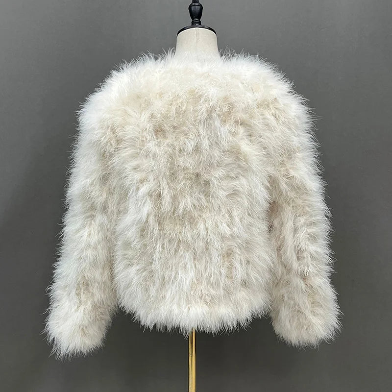 Women's White Ostrich Fur Feather Short Furry Fluffy Plus Size Puffy Turkey Fur Party Long Sleeve Winter Coat Outerwear  -  GeraldBlack.com