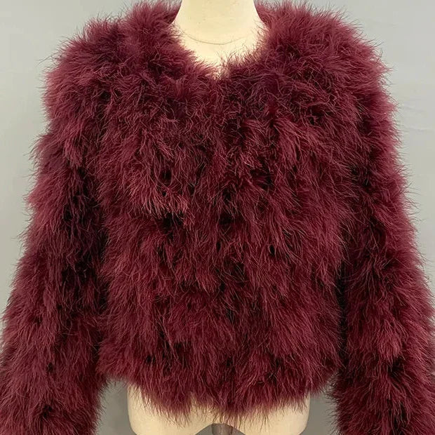 Women's Wine Red Ostrich Fur Feather Short Furry Fluffy Plus Size Puffy Turkey Fur Party Long Sleeve Winter Coat Outerwear  -  GeraldBlack.com
