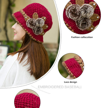 Women's Winter Warm Casual Beautiful Wool Crochet Knitted Flowers Decorated Ears Bonnet Bucket Hat  -  GeraldBlack.com