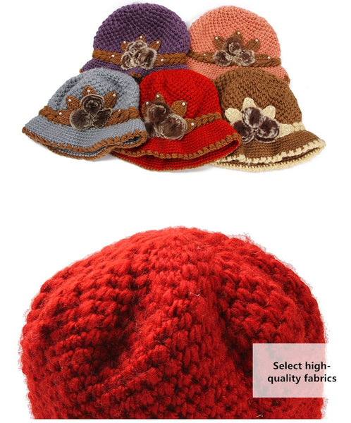 Women's Winter Warm Casual Beautiful Wool Crochet Knitted Flowers Decorated Ears Bonnet Bucket Hat  -  GeraldBlack.com