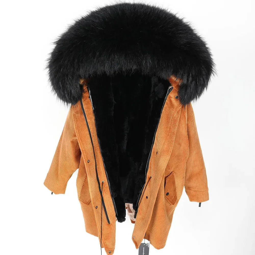 Women's Winter Warm Parkas Natural Real Raccoon Fur Collar Fur Long Jacket  -  GeraldBlack.com