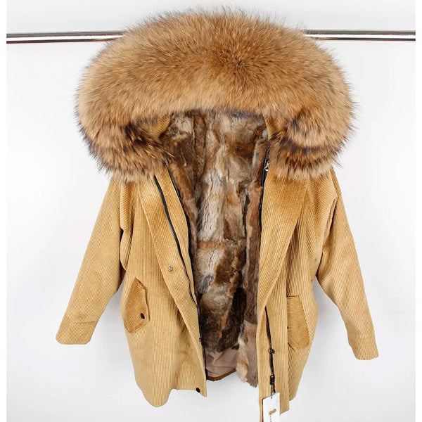 Women's Winter Warm Parkas Natural Real Raccoon Fur Collar Fur Long Jacket  -  GeraldBlack.com