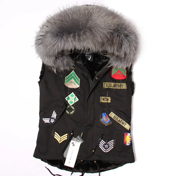 Women's Winter With Natural Fur Collar Fur Coat Fashion Embroidery Real Fur Collar Vest Parka Jacket  -  GeraldBlack.com