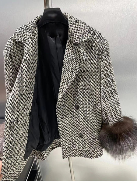 Women's Winter Wool Tweed Coat Fashion Chic Double Breasted Lapel Fox Fur Cuffs Jacket Clothing  -  GeraldBlack.com