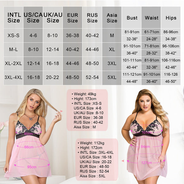 Women Sexy Lingerie Transparent Mesh V-neck Sleepwear Embroidery Underwear with Thong Nighties Nightgown  -  GeraldBlack.com