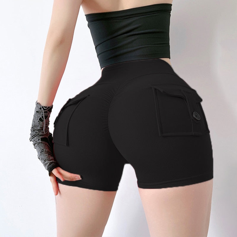 Women Sport Yoga  High Waist Tights Buttocks Shorts With Pocket Fitness Workout Leggings Push Up Gym Clothing Cycling Shorts  -  GeraldBlack.com
