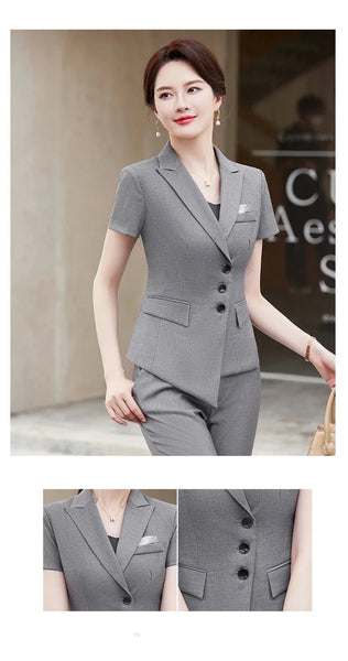 Women Summer Professional Formal Short Sleeve Slim Blazer And Pants 2pcs Office Work Wear  -  GeraldBlack.com