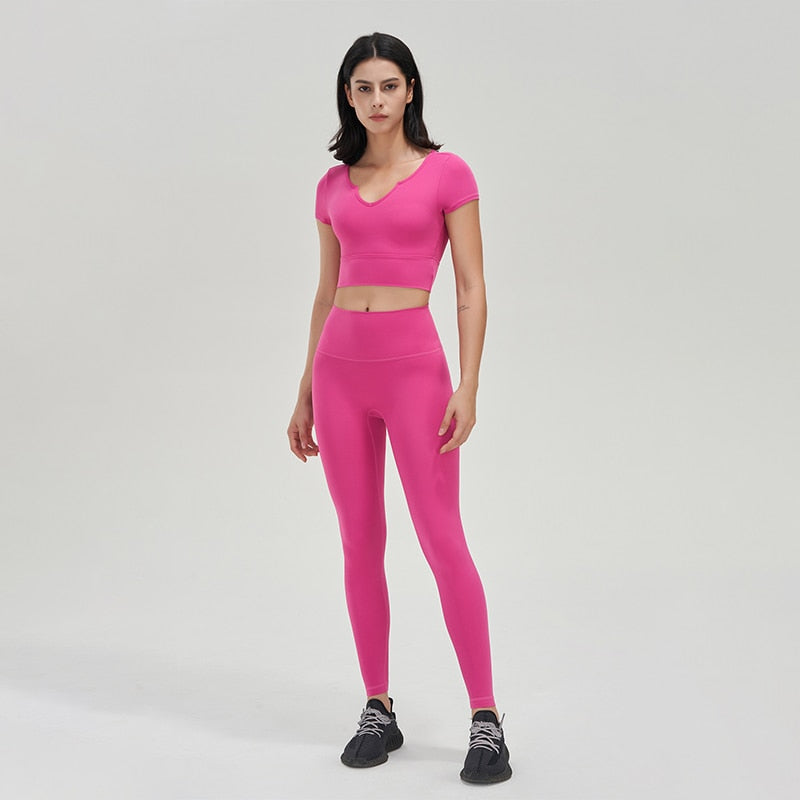 Women Tights Sports Tops Short Sleeved Running Slim V-Neck Vest Fitness Workout Crop Top With Chest Pad  -  GeraldBlack.com