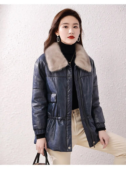 Women Vintage Medium Mink Fur Collar Sheepskin Genuine Leather Down Winter Jacket Coats  -  GeraldBlack.com