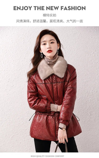 Women Vintage Medium Mink Fur Collar Sheepskin Genuine Leather Down Winter Jacket Coats  -  GeraldBlack.com