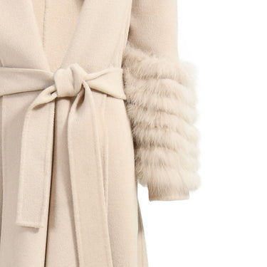 Women Winter Cashmere Long Natural Fox Fur Cuffs Elegant Belt Slim Wool Blend Trench Coats  -  GeraldBlack.com