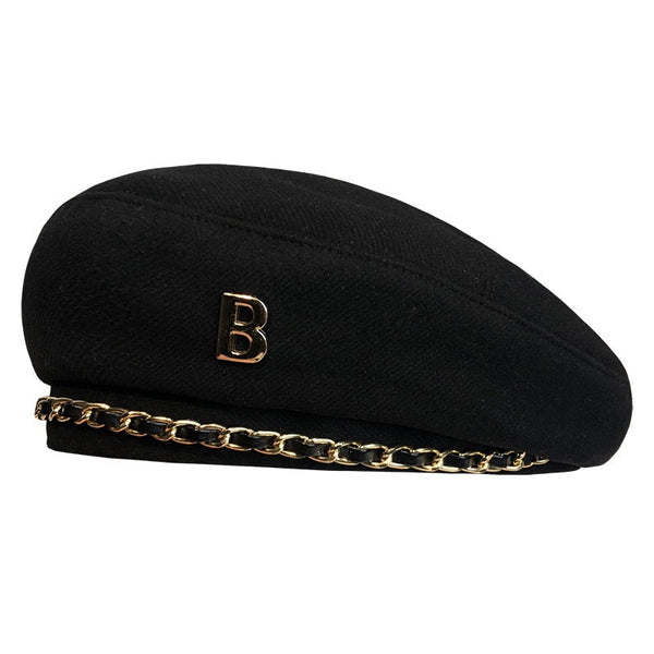 Women Winter Retro Brown Black Chain Artist Flat Fashion Vintage Star Style Beret Hat  -  GeraldBlack.com