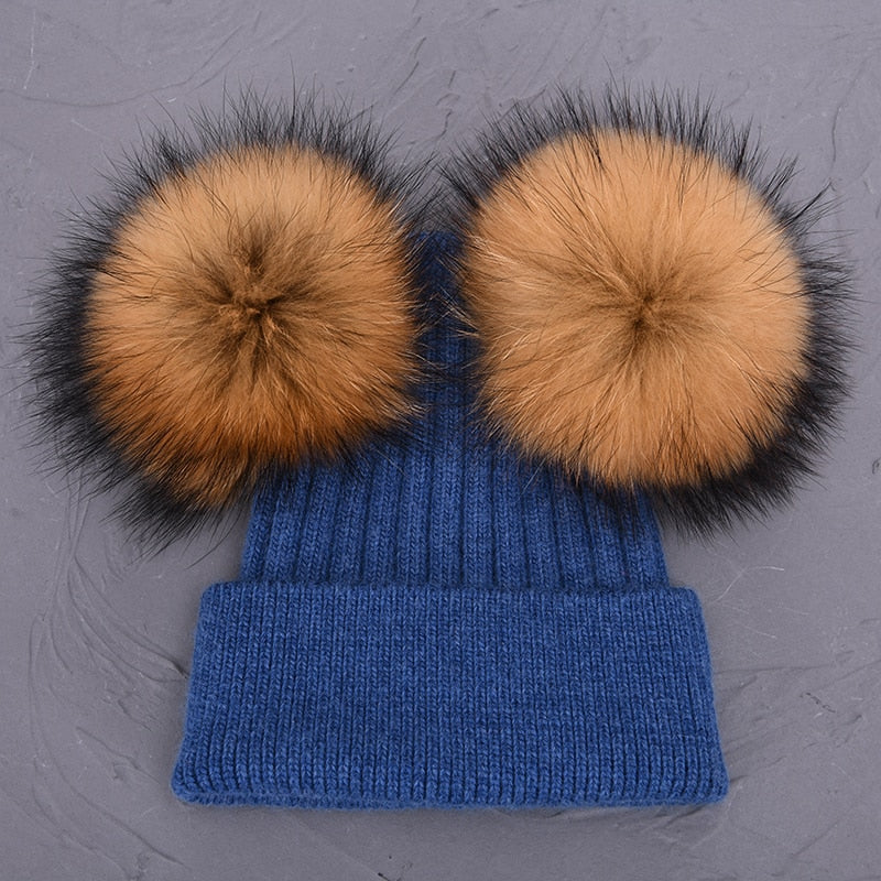Women Winter Wool Double Removable Raccoon Fur Pom Pom Ball Knitted Beanie Cap  -  GeraldBlack.com