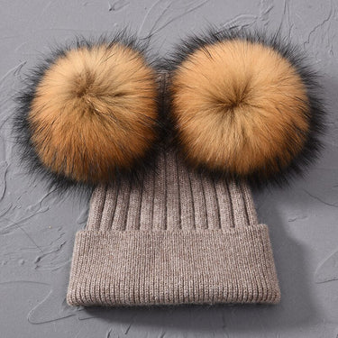Women Winter Wool Double Removable Raccoon Fur Pom Pom Ball Knitted Beanie Cap  -  GeraldBlack.com