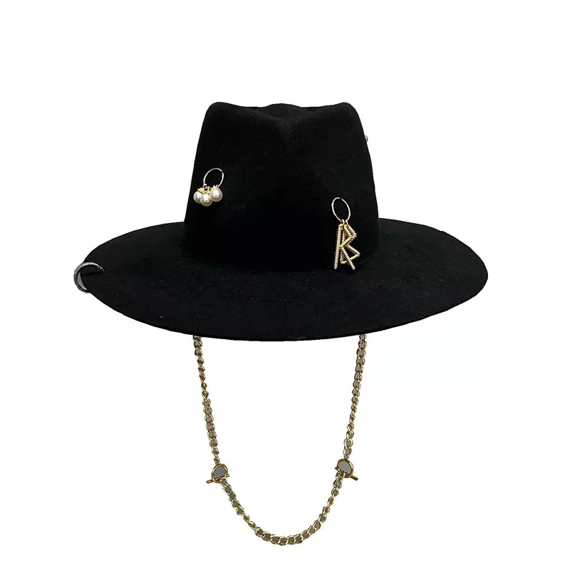 Women winter wool fedora hat with chain and letter  -  GeraldBlack.com