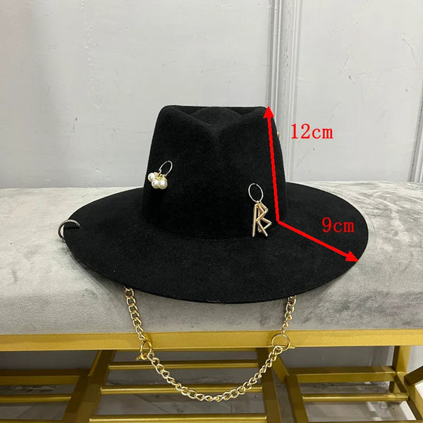 Women winter wool fedora hat with chain and letter  -  GeraldBlack.com