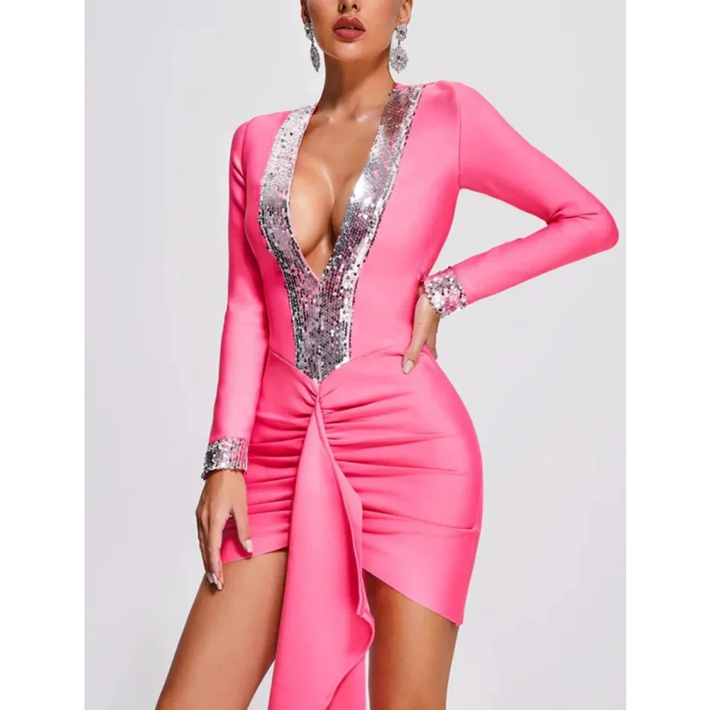 sequin bandage dress Baeitkot Women's Bandage Sequin Dresses Women's Solid Color Long Sleeve Bandage V-Neck Sequin Dresses Army Green XXXL