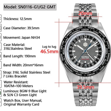 World Timer Japan NH34 GMT 39.5mm Men Automatic Mechanical Waterproof Watch  -  GeraldBlack.com