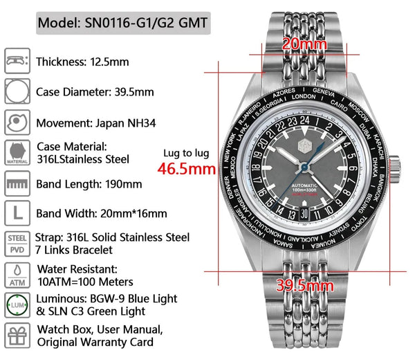 World Timer Japan NH34 GMT 39.5mm Men Automatic Mechanical Waterproof Watch  -  GeraldBlack.com