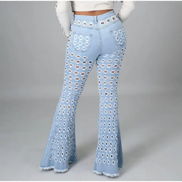 Y2K Street White Blue Sexy Club Torn Holes Wide Leg Ripped Skinny Super Hollow Stretchy Flare Jeans Bell Bottoms  -  GeraldBlack.com