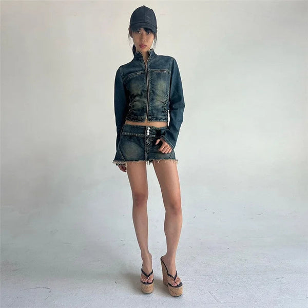 Zip Up Crop Jacket and Mini Skirt Fall Bodycon Outfits Denim Two Piece Set for Women Streetwear  -  GeraldBlack.com
