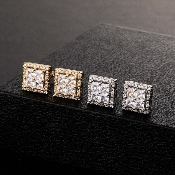 1 Pair Hip Hop 3A+ CZ Stone Pave Bling Ice Out Geometric Square Stud Earrings for Men Rapper Jewelry Gold Silver Color  -  GeraldBlack.com