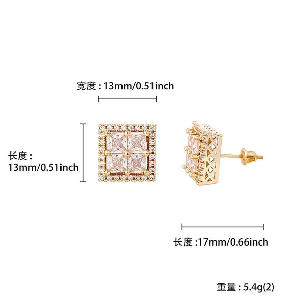 1 Pair Hip Hop 3A+ CZ Stone Pave Bling Ice Out Geometric Square Stud Earrings for Men Rapper Jewelry Gold Silver Color  -  GeraldBlack.com