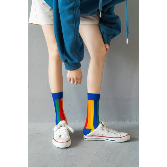 1 Pair Unisex Rainbow Stripes Cotton Colorful Kawaii Crew Socks  -  GeraldBlack.com