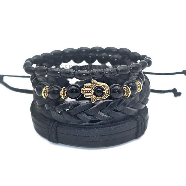 1 Set Black Bamboo Wood Onyx Lion Hamsa Buddha Skull Leather Bracelet - SolaceConnect.com