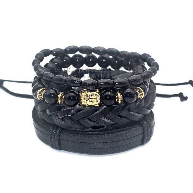 1 Set Black Bamboo Wood Onyx Lion Hamsa Buddha Skull Leather Bracelet - SolaceConnect.com