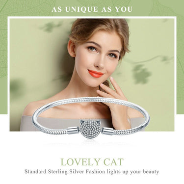 100% 925 Sterling Silver Glittering CZ Cute Cat Snake Chain Bracelet for Women Charm and Bead DIY Fine Jewelry SCB053  -  GeraldBlack.com