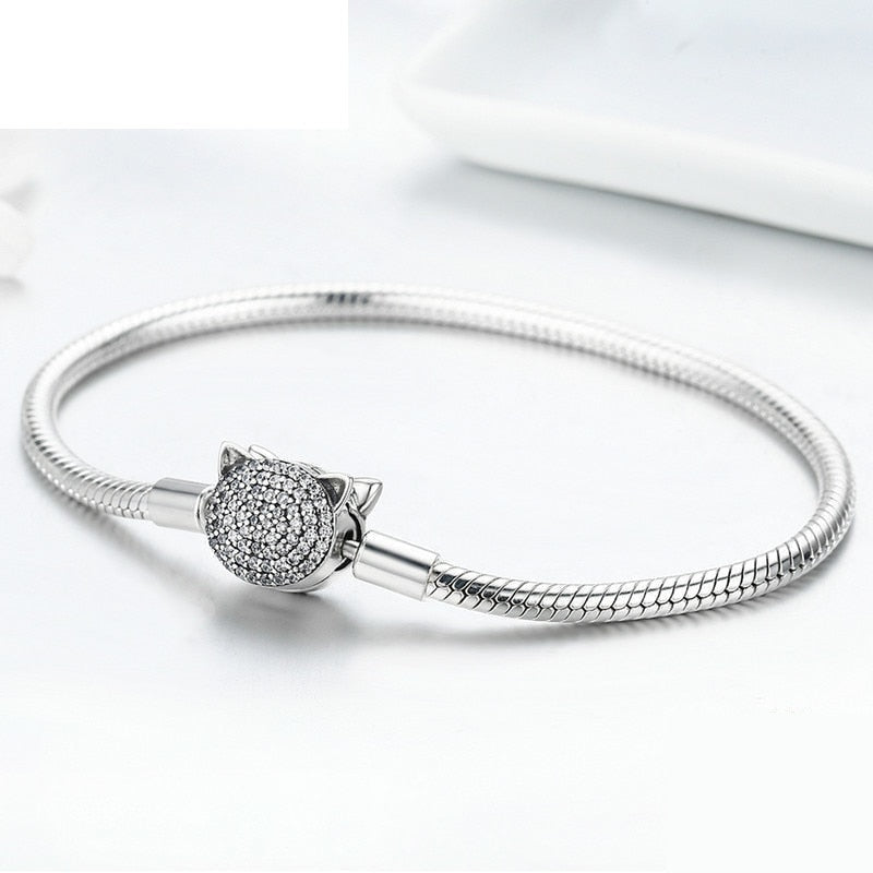 100% 925 Sterling Silver Glittering CZ Cute Cat Snake Chain Bracelet for Women Charm and Bead DIY Fine Jewelry SCB053  -  GeraldBlack.com
