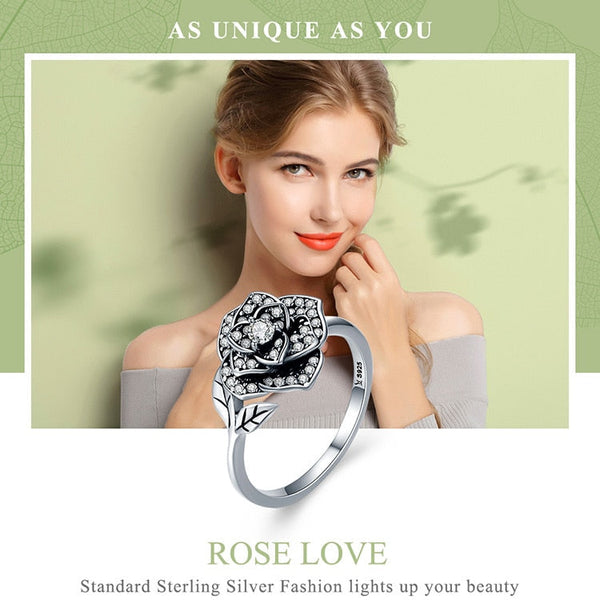 100% 925 Sterling Silver Rose Flower Dazzling CZ Tree Leaf Finger Rings for Women Wedding Engagement Jewelry Gift SCR382  -  GeraldBlack.com