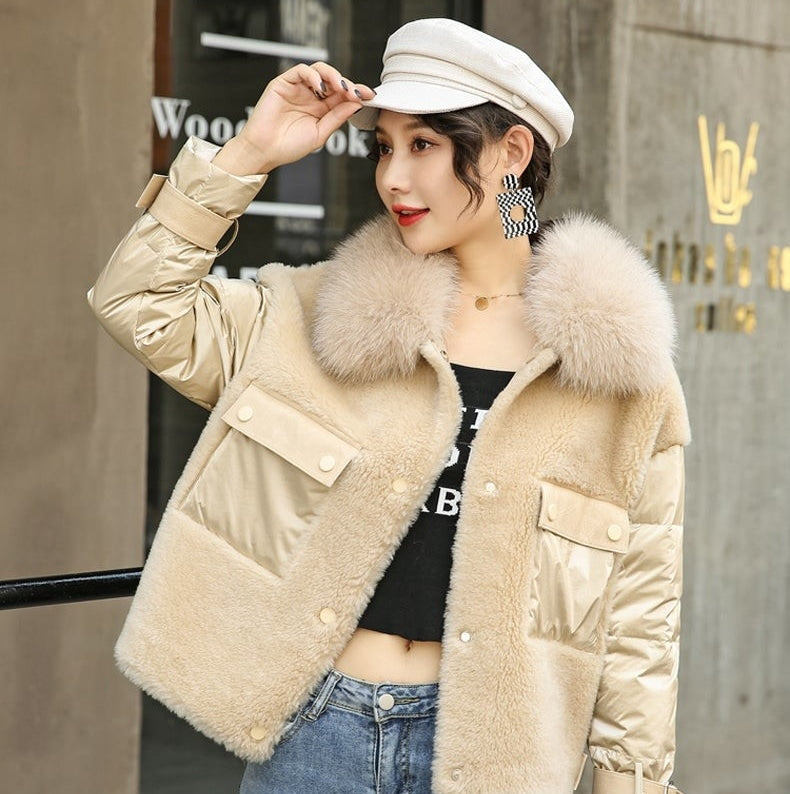 100% Wool Women's Hooded Covered Button Jacket with Fox Fur Collar  -  GeraldBlack.com