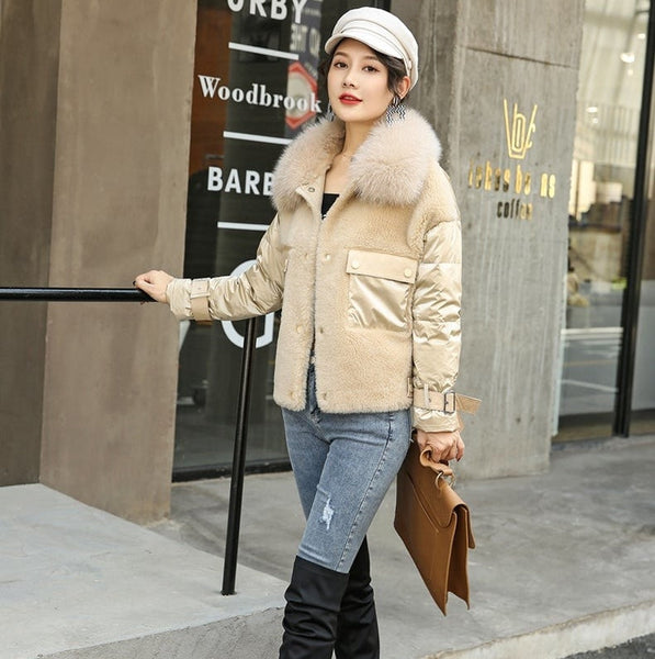 100% Wool Women's Hooded Covered Button Jacket with Fox Fur Collar  -  GeraldBlack.com