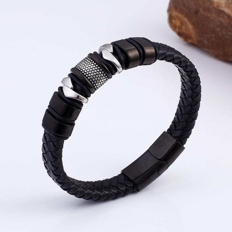 16MM Wide Stainless Steel Wrap Men Black Genuine Leather  Bracelets Bangles With Magnet Clasp Engraveable Gifts  -  GeraldBlack.com