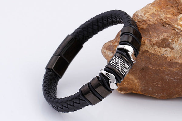 16MM Wide Stainless Steel Wrap Men Black Genuine Leather  Bracelets Bangles With Magnet Clasp Engraveable Gifts  -  GeraldBlack.com